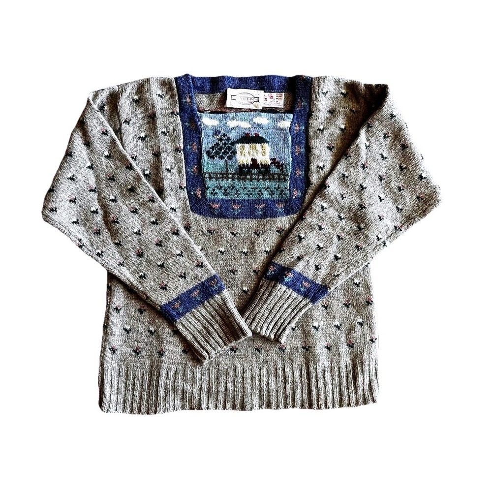 Vintage Concepts Susan Bristol Sweater Womens 3B Gray House Scene Wool 80s